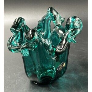 Vintage White Crystal Murano Small Green Glass Bowl Handmade in Italy